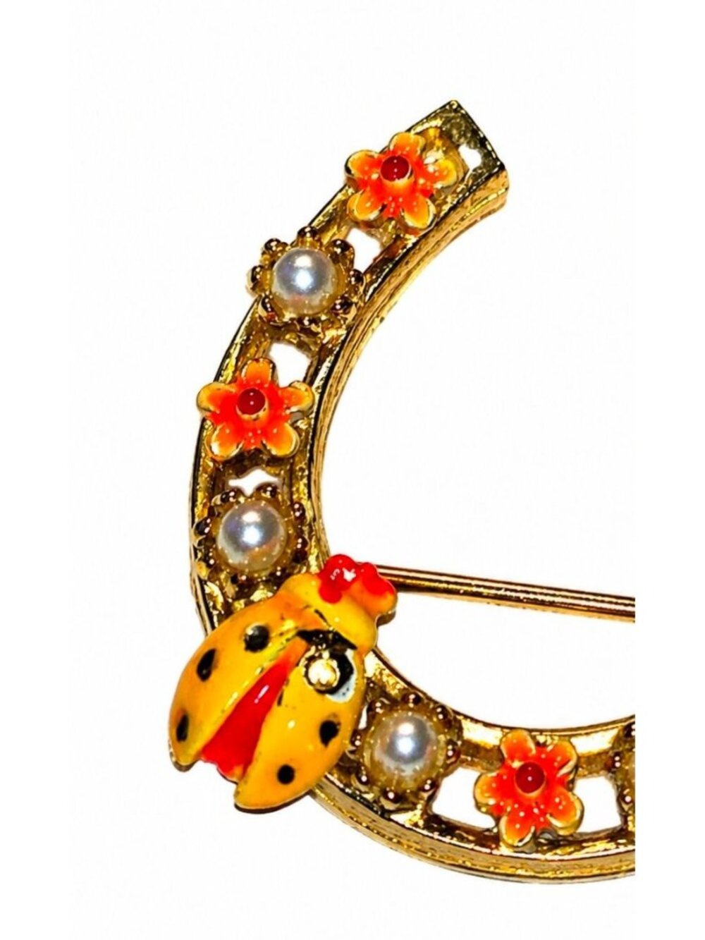 Vintage 1960s ART Ladybug Pearl Floral Horseshoe Golden Brooch - Picture 2 of 5